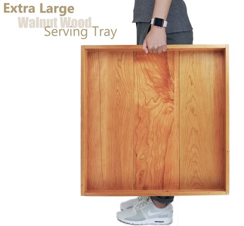 MAGIGO 22 x 22 Inches Large Square Cherry Wood Ottoman Tray with Handles, Serve Tea, Coffee or Breakfast in Bed, Classic Wooden Decorative Serving Tray
