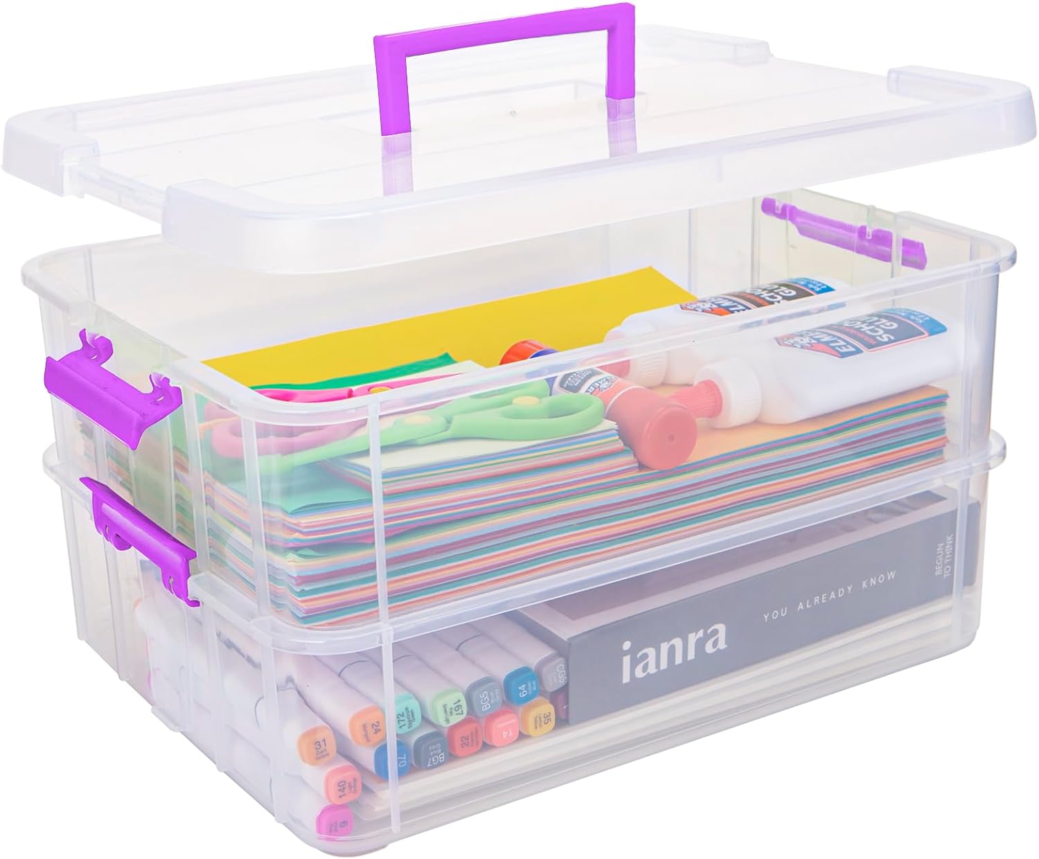 TERGOO 2-Layer Plastic Storage Containers - Clear Stackable Craft Organizers | Portable Bin for Art, Sewing & Makeup (Purple)