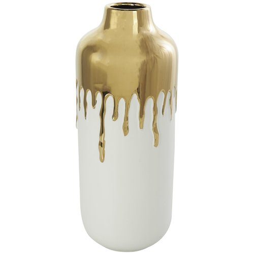 CosmoLiving by Cosmopolitan Ceramic Decorative Vase Centerpiece Vase with Abstract Gold Melting Drips, Flower Vase for Home Decoration 5" x 5" x 14", White