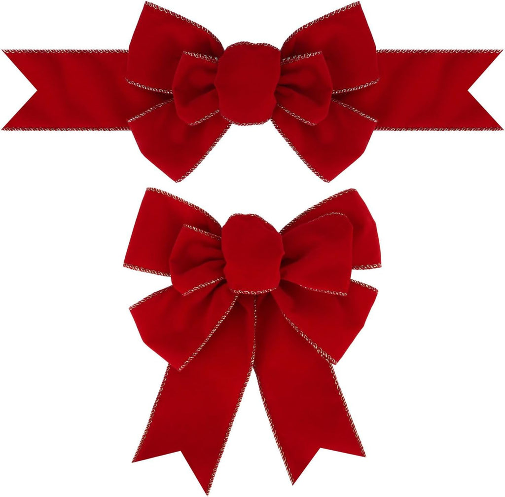 Meseey Christmas Burlap Bow Set - 2 Pcs Red Velvet with Gold Edges for Wreaths & Tree Decor