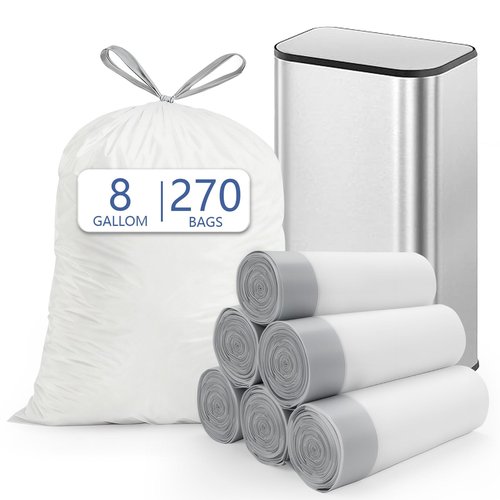 8 Gallon (30L) Trash Bags, Fits SONGMICS 8 Gallon Trash Cans, 6 Rolls 270 Counts Heavy Duty White Garbage Bags, Pre-Separated Drawstring Trash Bags, Suitable for Kitchen, Bathroom, etc.