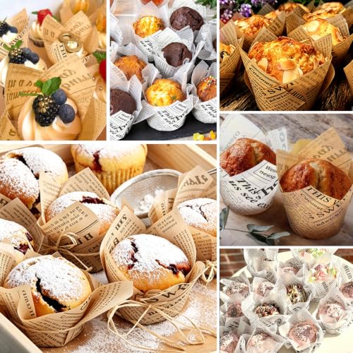 200pcs Newspaper Tulip Cupcake Liners for Baking - Elegant Muffin Wrappers