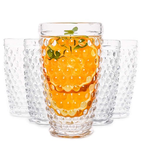 G Hobnail Glassware 6 Set Old Fashioned Iced Beverage Drinking Glasses, 13.3 oz Premium Tall Highball Water Glasses Cups For Juice Cocktail Mojito Wine,Beer, Tea, Mixed Drinkware,Parties Restaurants