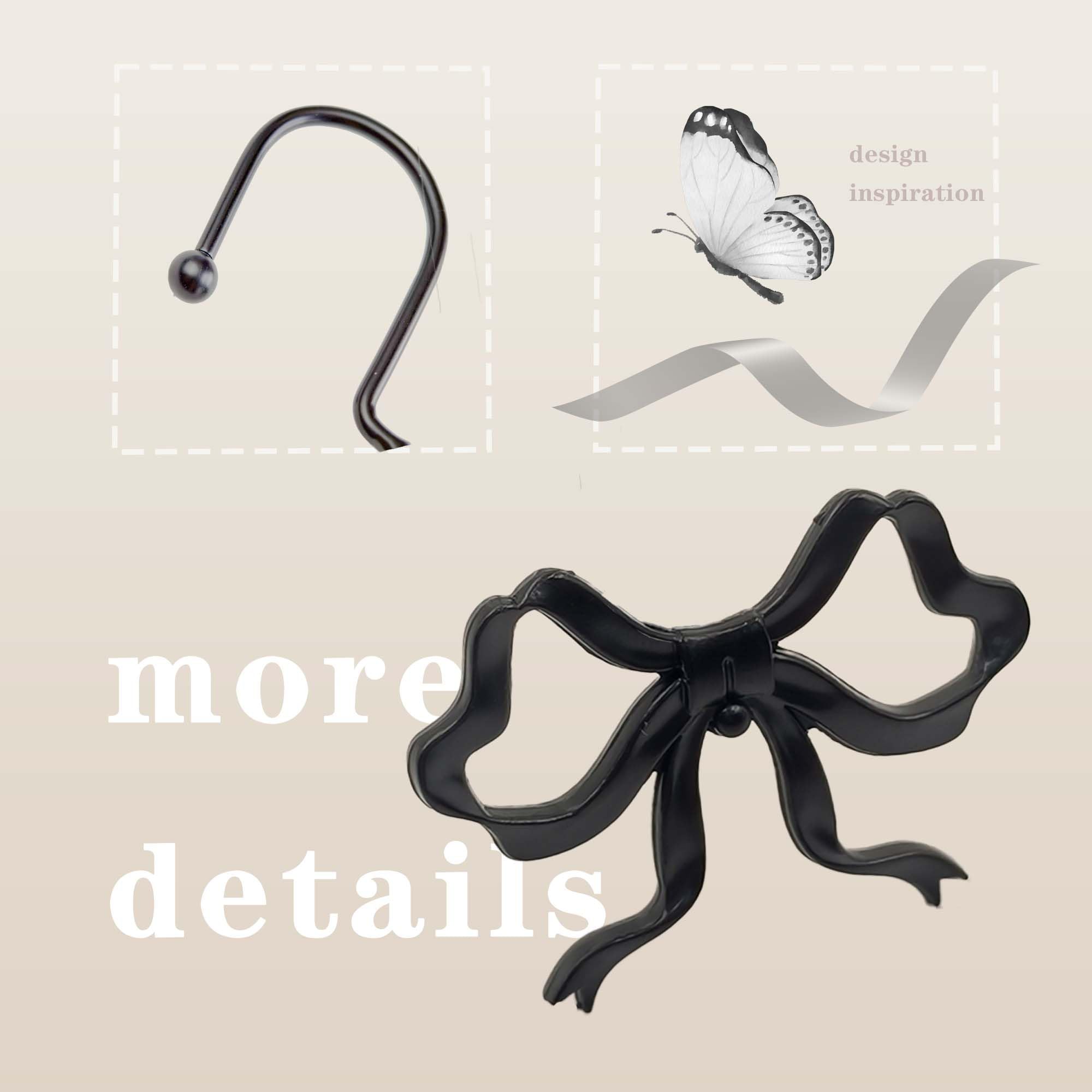 Dylrauoza Black Bow Shower Curtain Hooks, 12 Pack Decorative Metal Rust Proof Shower Curtain Rings for Bathroom, Elegant Cute Curtain Hangers for Standard Shower Rods