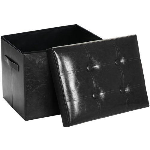 FaiPue Storage Ottoman Footrest Stool. Foldable Oil Waxed Leather Footstool with Thicker Foam Padded Seat. Small Ottoman with Storage Bench for Living Room Bedroom 350 lbs, 17x13x13in, Black.