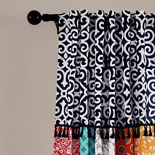 Lush Decor Boho Patch Light Filtering Window Curtain Panels Pair 45" W x 84" L Orange & Navy - Boho Curtains for Living Room - Colorful Bedroom Curtains