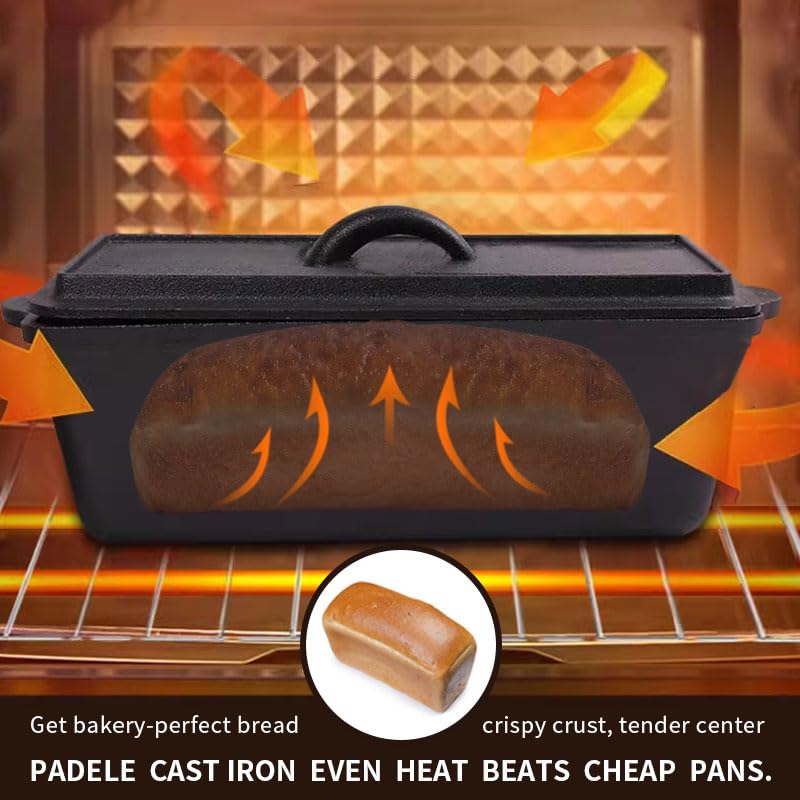 PADELE Cast Iron Bread Pan with Lid - 2LB Capacity (13x5 Inch) Large Pullman Loaf Pan for Homemade Bread - Non-Stick，Dual Handle, Pre-Seasoned, Rust-Resistant (Black-Cast Iron)