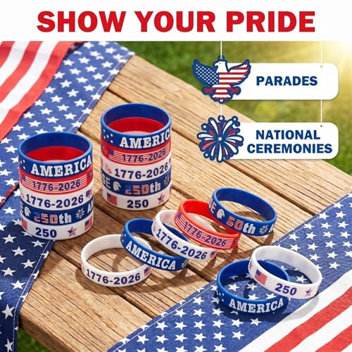 Patriotic Silicone Wristbands - 20 Pack 250th Anniversary Designs