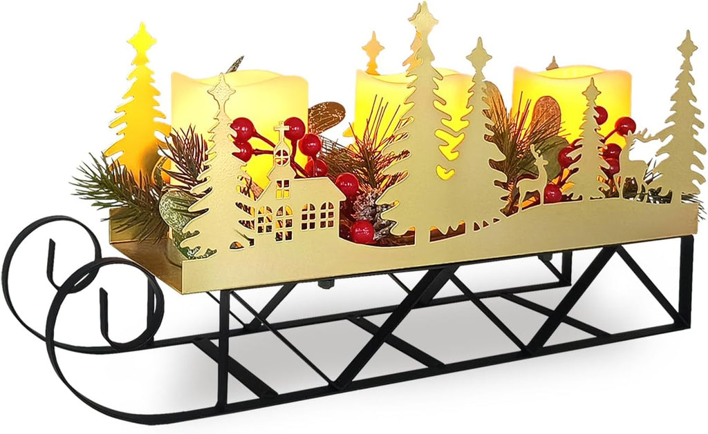 Skiennix Christmas Sleigh Table Centerpiece - Gold Cut-Out Tree LED Candle Holder with Timer | Holiday Decor