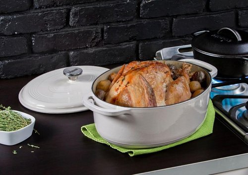 Lodge 7 Quart Enameled Cast Iron Dutch Oven - Versatile Cooking & Baking - Oven Safe to 500°F - Oyster White