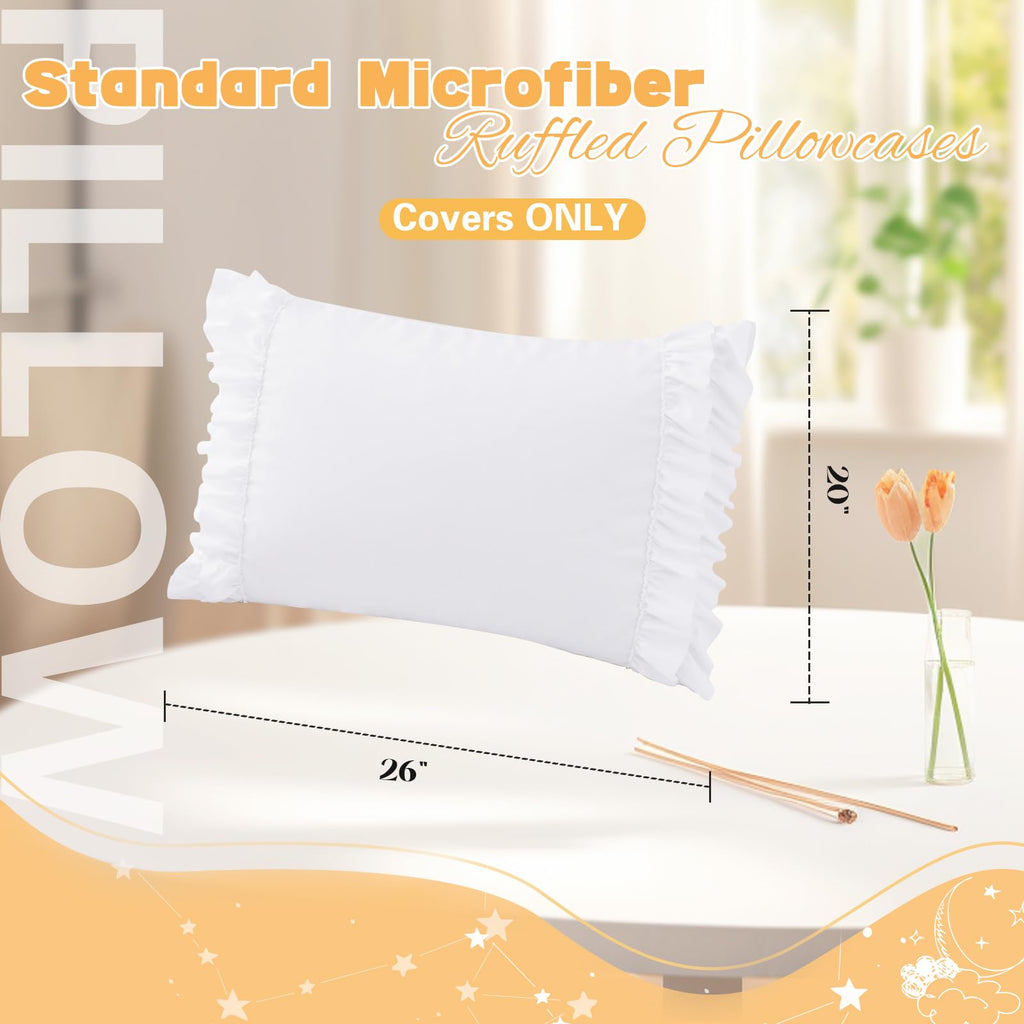 RUDONG M Ruffled Pillow Cases Set of 2, Standard Microfiber Pillowcases, Decorative Ruffle Pillow Covers with Envelope Closure, 20x26 Inches White Boho Pillow Shams