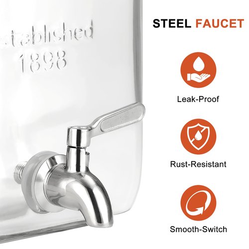 2 Gallon Glass Drink Dispenser with Stand, Stainless Steel Leakproof Spigot and Lid, Glass Drink Dispensers for Parties, Water Beverage Dispenser
