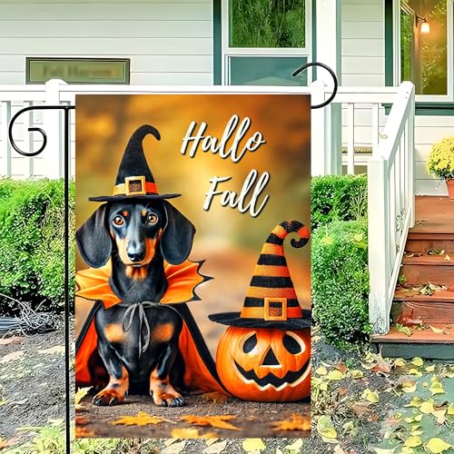 Hallo Fall Garden Flag 12x18 Inch - Dachshund & Pumpkin Design