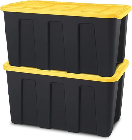 HOMZ 34 Gallon Heavy Duty Plastic Storage Bins - 2-Pack Stackable Totes with Lids, Black/Yellow