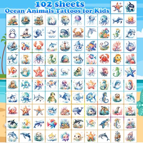 Ocean Animals Temporary Tattoos for Kids - 102 Pcs Waterproof Sea Creature Stickers for Birthday Party Favors