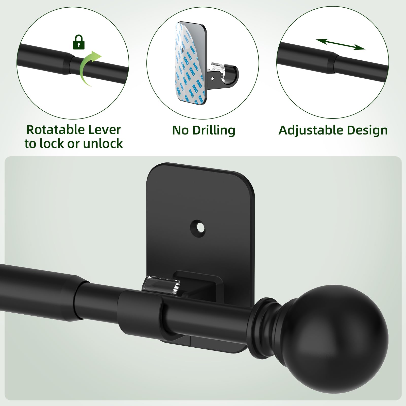 Sthumsup Curtain Rods No Drilling for Windows 48 to 84-90 Inches, 5/8 Inch Black Renter Friendly Adjustable Curtain Rod with 3M Adhesive Brackets