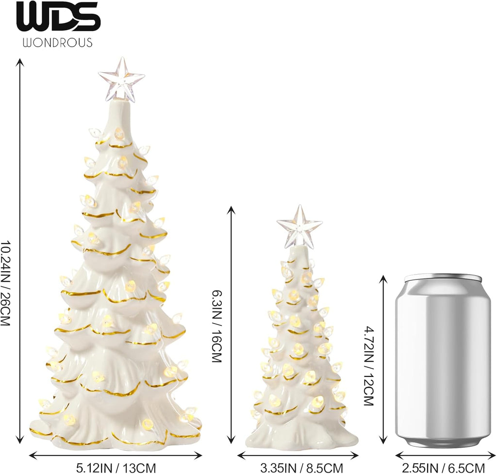 WDS WONDROUS Ceramic Christmas Tree Tabletop - Prelit White & Gold Accents | 2-Piece Small Xmas Decor