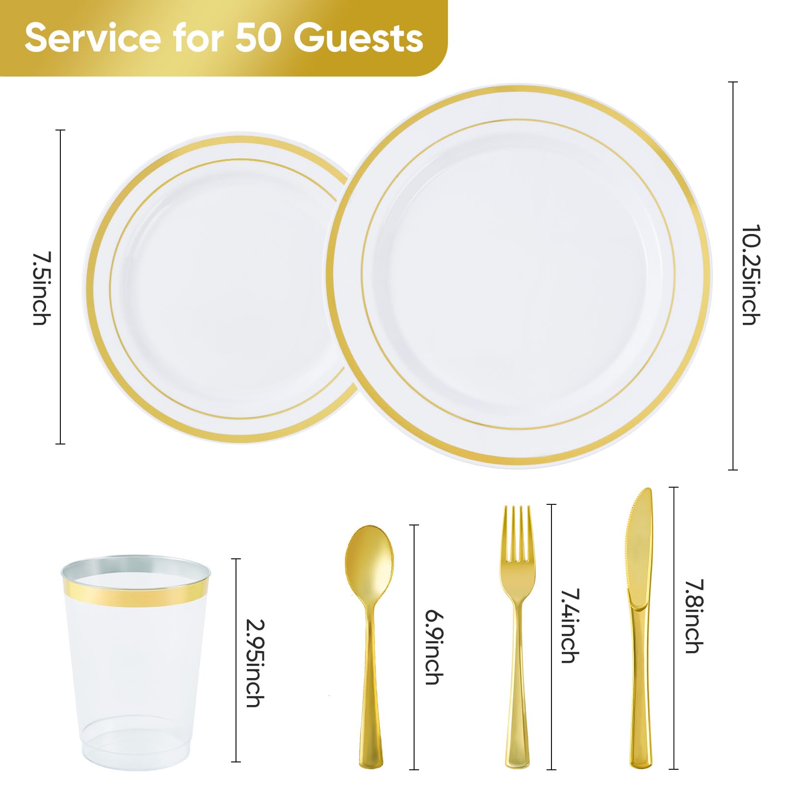 Fijinhom 350 Pieces Gold Disposable Plates for 50 Guests, Disposable Plastic Plates for Party, Wedding, Dinnerware Set of 50 Dinner Plates, 50 Salad Plates,50 Cups and 50 Paper Napkins, Gold