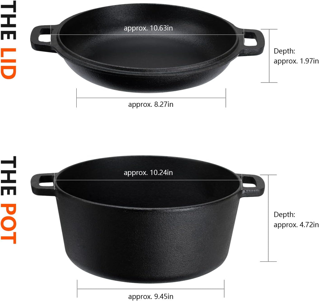 Overmont 5QT Pre-Seasoned Cast Iron Dutch Oven - Versatile All-in-One Casserole & Skillet with Cookbook