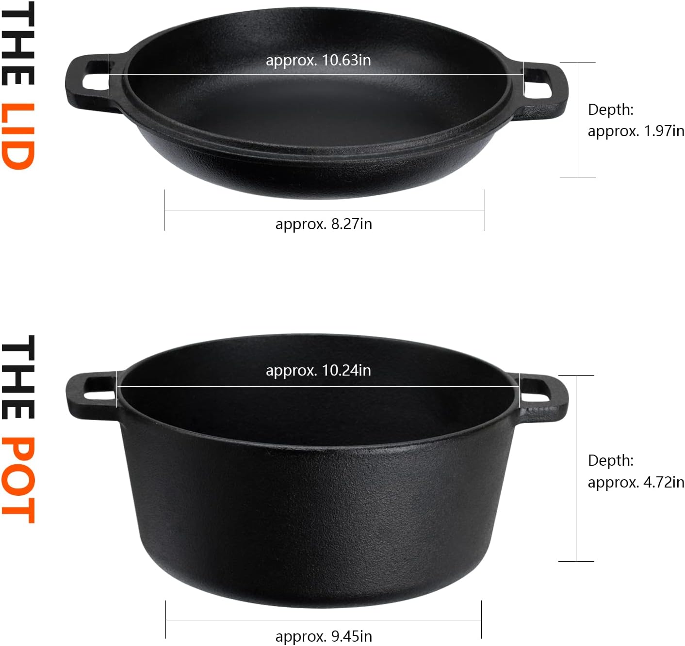 Overmont 5QT Pre-Seasoned Cast Iron Dutch Oven - Versatile All-in-One Casserole & Skillet with Cookbook