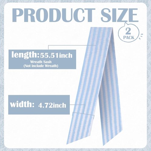 Blue Wreath Sash - 2 Pcs Stripe Embroidery Monogram Decor | 60 Inch Seersucker for Home & Baby Shower