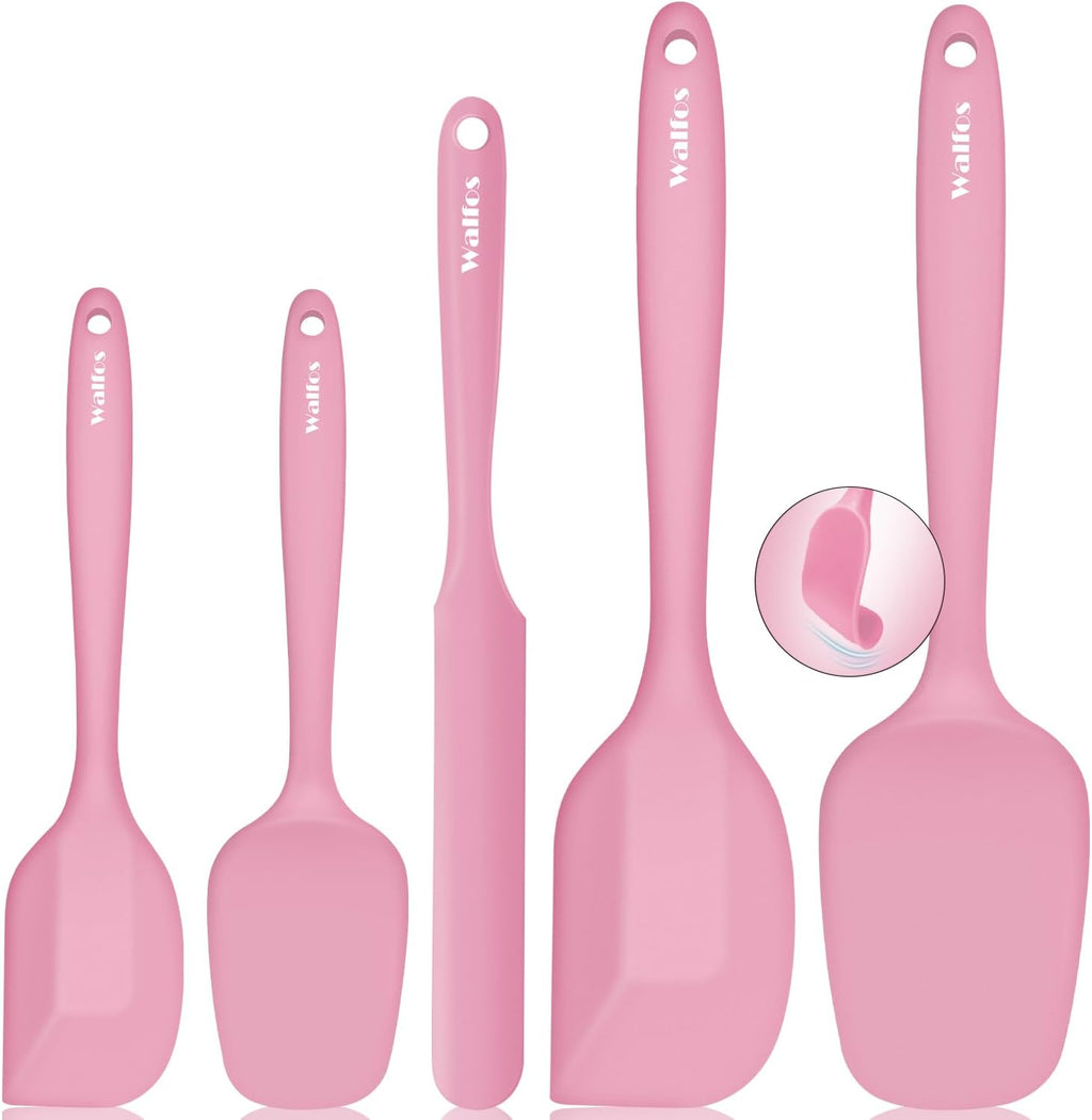 Walfos Silicone Spatula Set of 5 | High Heat Resistant Kitchen Scrapers - BPA Free, Pink, Seamless Design