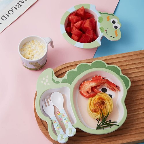 Fekdod Bamboo Kids Dinnerware Set 5 Pcs Includes Plate Bowl Cup Fork Spoon Perfect for Kids BPA-Free (Little Dinosaur)