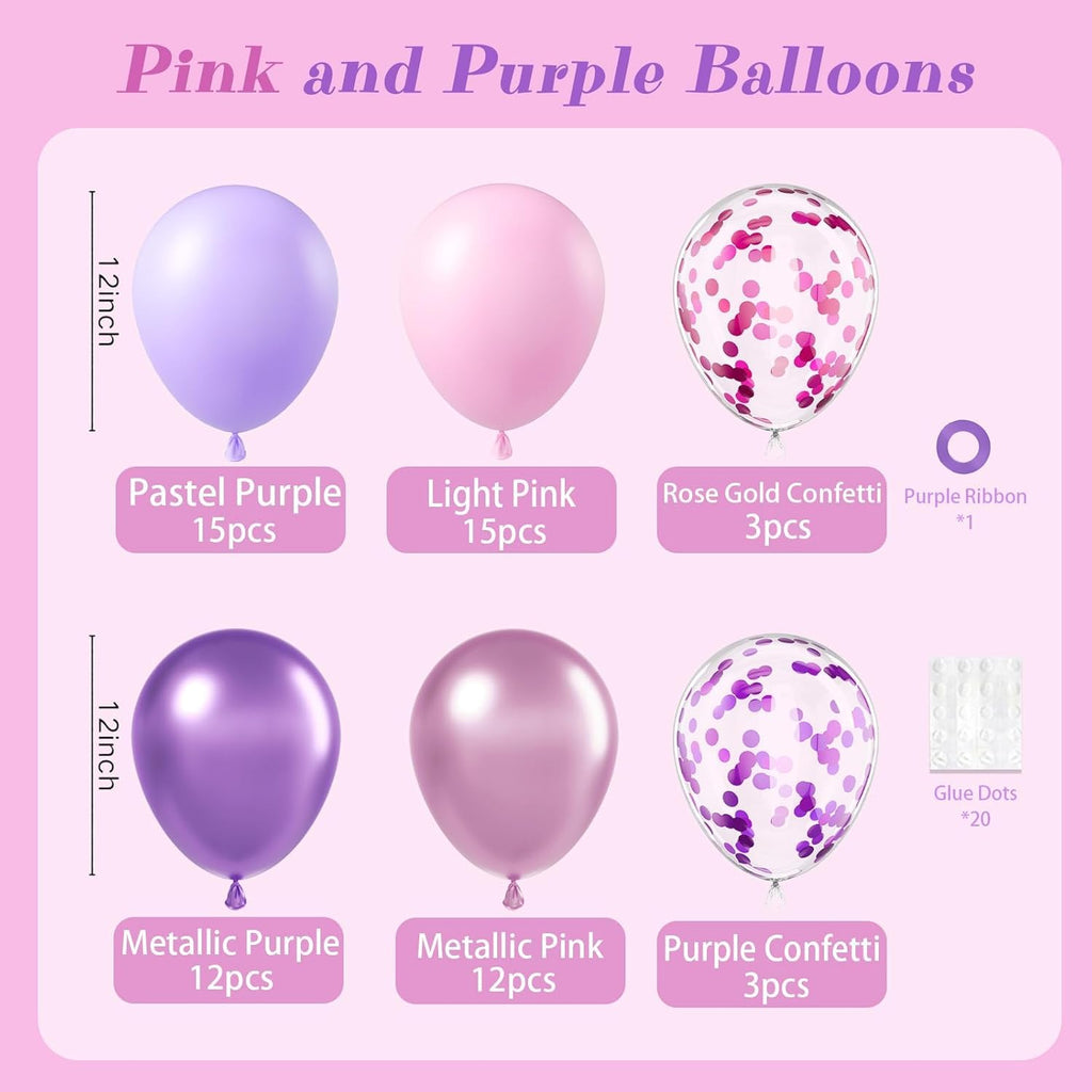 Skiennix 61-Piece Pink & Purple Balloon Set - 12-Inch Confetti Latex Balloons for Bridal & Birthday Parties
