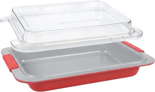 Heavy Duty Nonstick Baking Pan with Lid - 9x13 Deep Cake Pan for RV & Convection Oven | Coral Red
