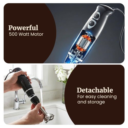 Elite Gourmet EHB1015 Immersion Hand Blender 500 Watts 2 Speed Mixing with Stainless Steel Blades, Detachable Wand Stick Mixer, Smoothies, Baby Food, Soup, Black