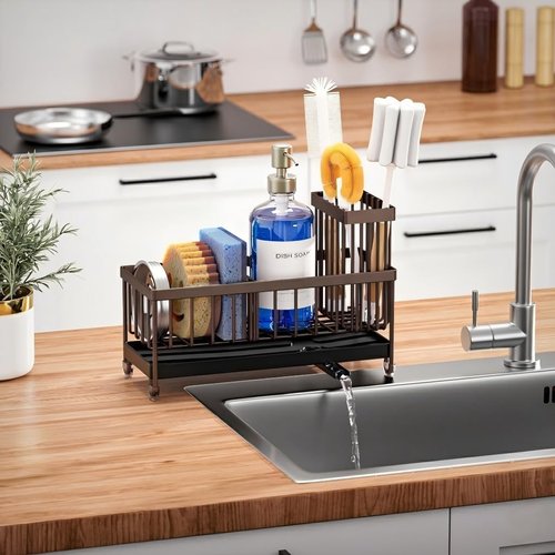 Cisily Brown Sponge Holder - Rustproof 304 Stainless Steel Kitchen Sink Caddy Organizer | High Brush Storage