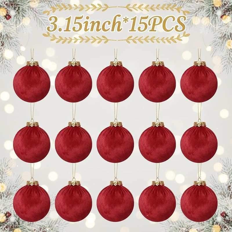 ZenNex Velvet Christmas Ball Ornaments 15 Pack 3.15in Red - Variation Red