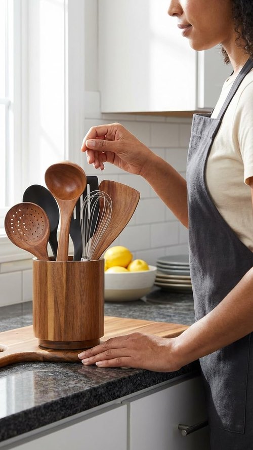 Linda's Essentials Acacia Wooden Utensil Holder - 360° Rotating Non-Slip Design | 7.2" Kitchen Organizer