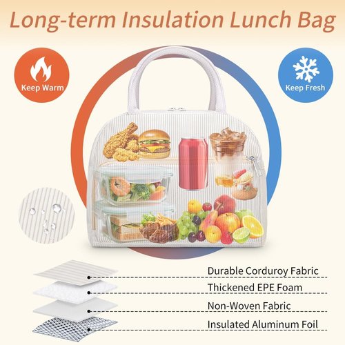 Coobiiya Corduroy Lunch Bag - Insulated Reusable Tote for Men & Women | Large Capacity Cooler for Work & Travel