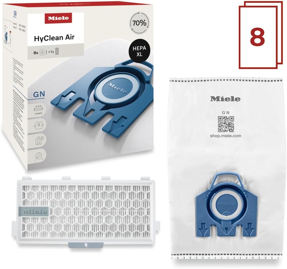 Miele Genuine AirClean GN Vacuum Cleaner Bags - Allergy XL Pack with 8 Bags & 1 HEPA Filter for Complete C2/C3