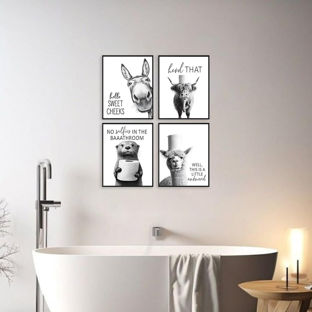 Regine Switzerland Funny Bathroom Wall Art - Rustic Black and White Animal Prints | Unframed 8x10 Inch Set of 4