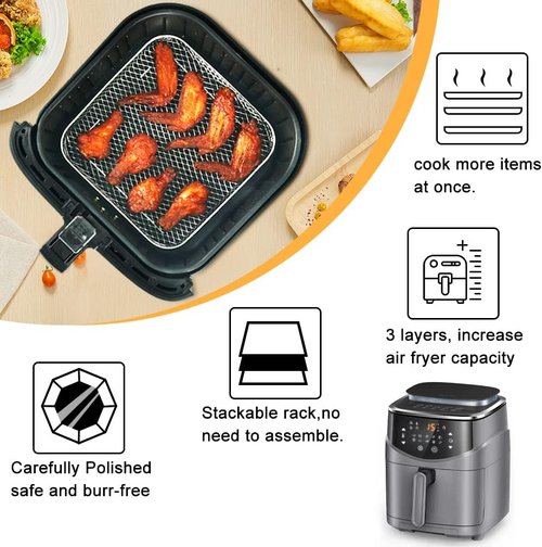BYKITCHEN 8-Inch Square Air Fryer Rack - 3-Piece Stackable Stainless Steel Dehydrator Set for Cosori & Ninja Pro XL