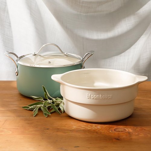 Bloomhouse 6-QT Heavy-Guage Aluminum Dutch Oven w/Non-Stick Non-Toxic Ceramic Interior and Ceramic Steamer Insert - Sage Green