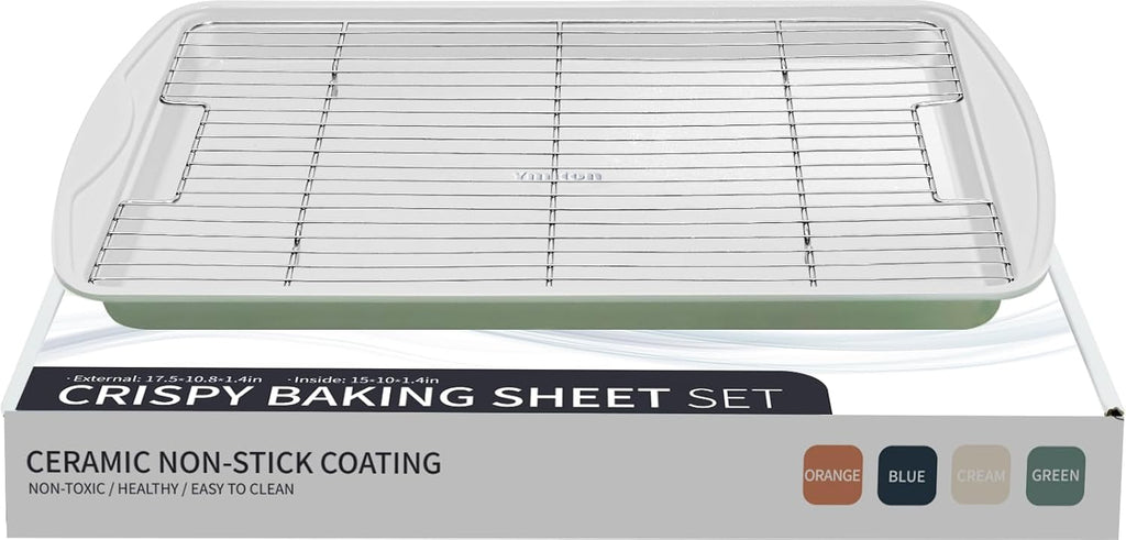 Nonstick Crisp Baking Tray - Ceramic Coating Jelly Roll Cookie Sheet Pan | 15x10, PTFE & PFOA Free, Oven Safe 550°F, Dishwasher Safe, Pistachio Green