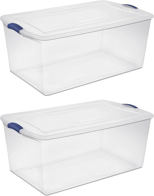 Heavy Duty Storage Bins - 2 Pack 105 Quart Clear Plastic with Lids & Blue Latches | Ideal for Home & Garage