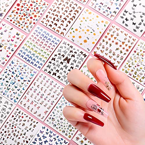 AIMEILI 30 Sheets 3D Butterfly & Flower Nail Art Stickers Self-Adhesive Decals