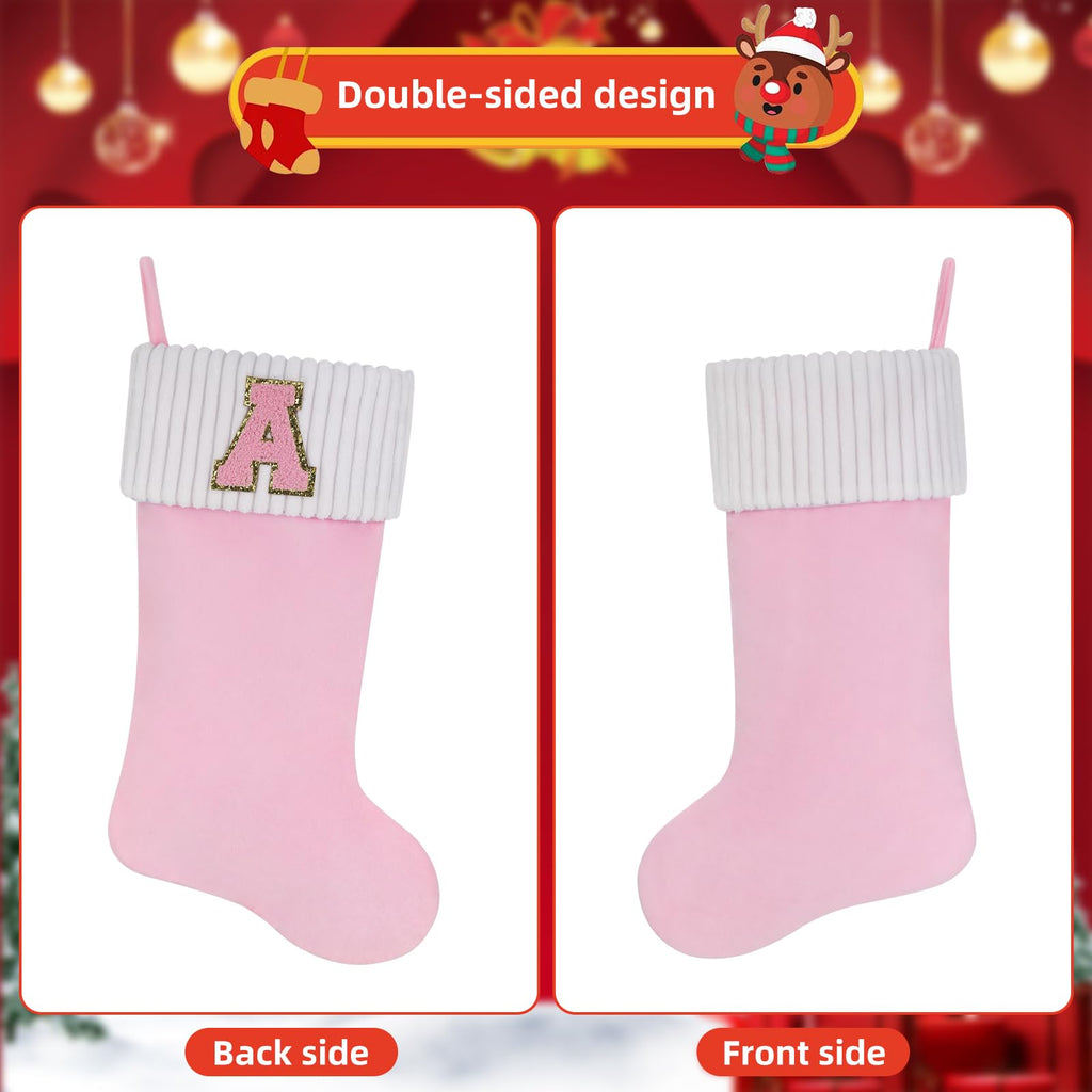 Shgngle 20 Inches Letter Embroidered Christmas Stocking,Personalized Pink Velvet Christmas Stocking,Family Holiday Decorations and Xmas Gift(M)