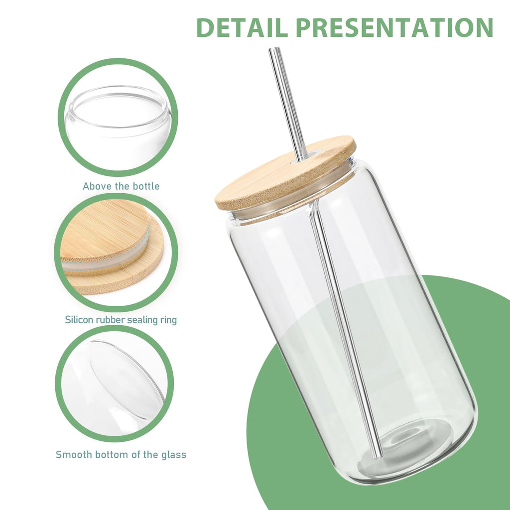 YOUKE OLA 20 Pack Glass Cups with Bamboo Lids and Metal Straw Can Shaped Drinking Glasses, Glass Tumbler Reusable Cute Cups for Whiskey, Iced Coffee, Tea, Soda, Cocktail, Gift, Clear 20oz