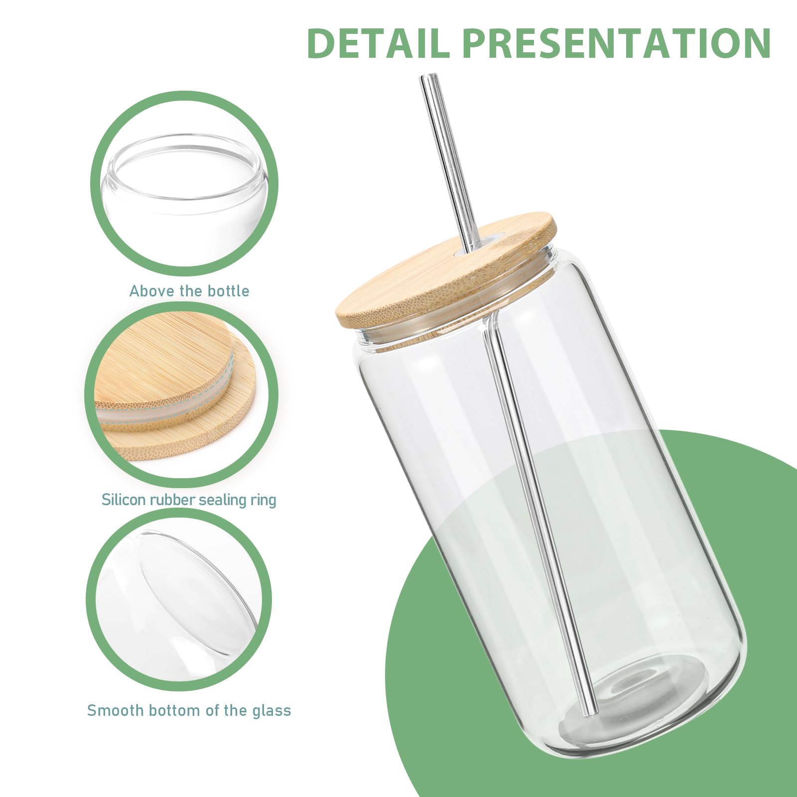 YOUKE OLA 20 Pack Glass Cups with Bamboo Lids and Metal Straw Can Shaped Drinking Glasses, Glass Tumbler Reusable Cute Cups for Whiskey, Iced Coffee, Tea, Soda, Cocktail, Gift, Clear 20oz
