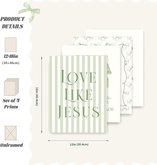 LARTSFRO Coquette Wall Art Decor - Sage Green Bow Posters with Inspirational Bible Verses | 12x16 Inch Set of 4 Unframed