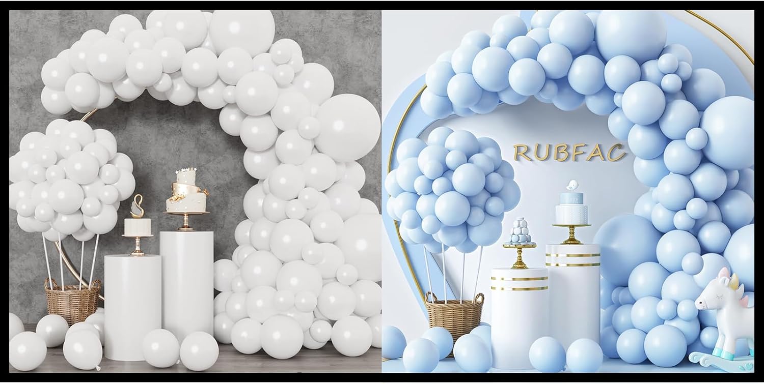 RUBFAC 129-Piece Latex Balloon Set - White & Pastel Blue for Birthday Party | Baby Shower Decor