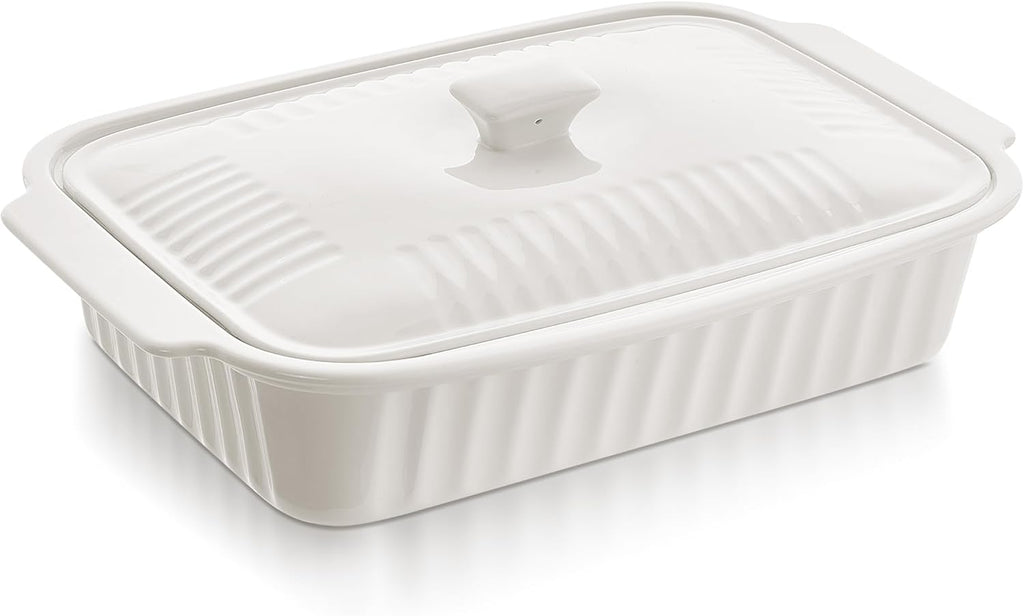 Skiennix Large Baking Dish - 5.5 Quart Ceramic Lasagna Pan with Lid | Microwave & Dishwasher Safe, White