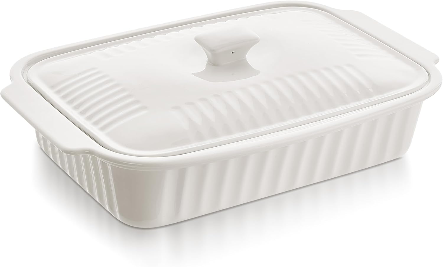 Skiennix Large Baking Dish - 5.5 Quart Ceramic Lasagna Pan with Lid | Microwave & Dishwasher Safe, White