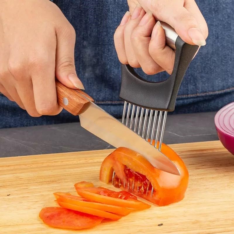 Stainless Steel Onion Holder & Food Slicer Tool for Safe Cutting