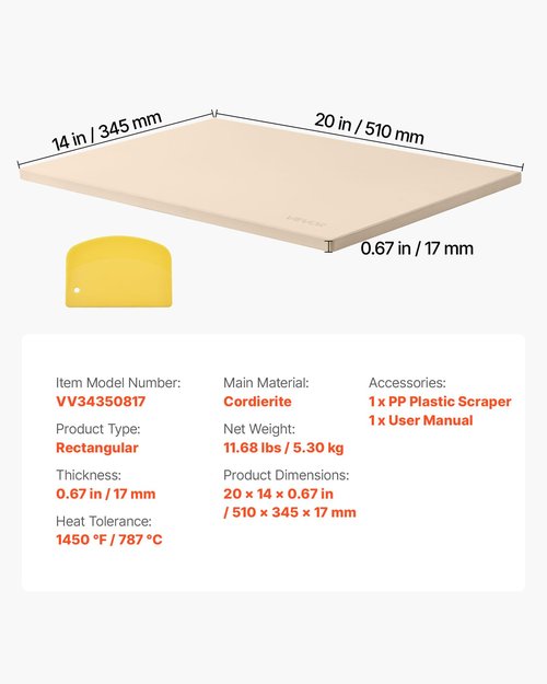 VEVOR Pizza Stone, 20 x 14 x 0.67 in Rectangular Pizza Stone, Extra Large Baking-Stone with Scraper, 1450℉ Heat-Resistant Cordierite, for Oven, BBQ Griller, Baking Bread & Pizza